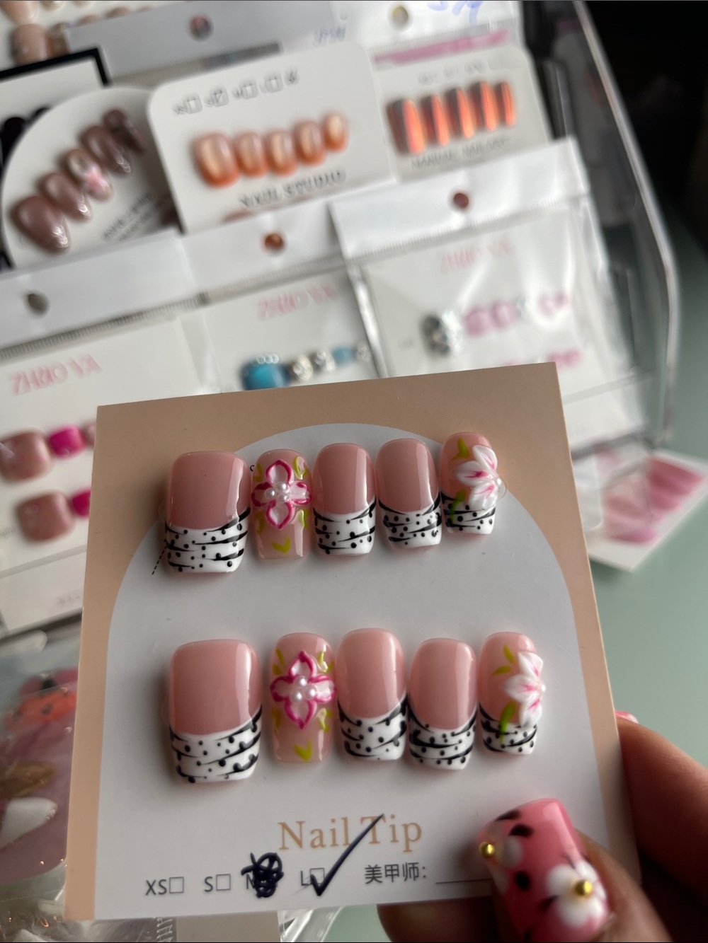 Pink Floral French Press-On Nail Set Large